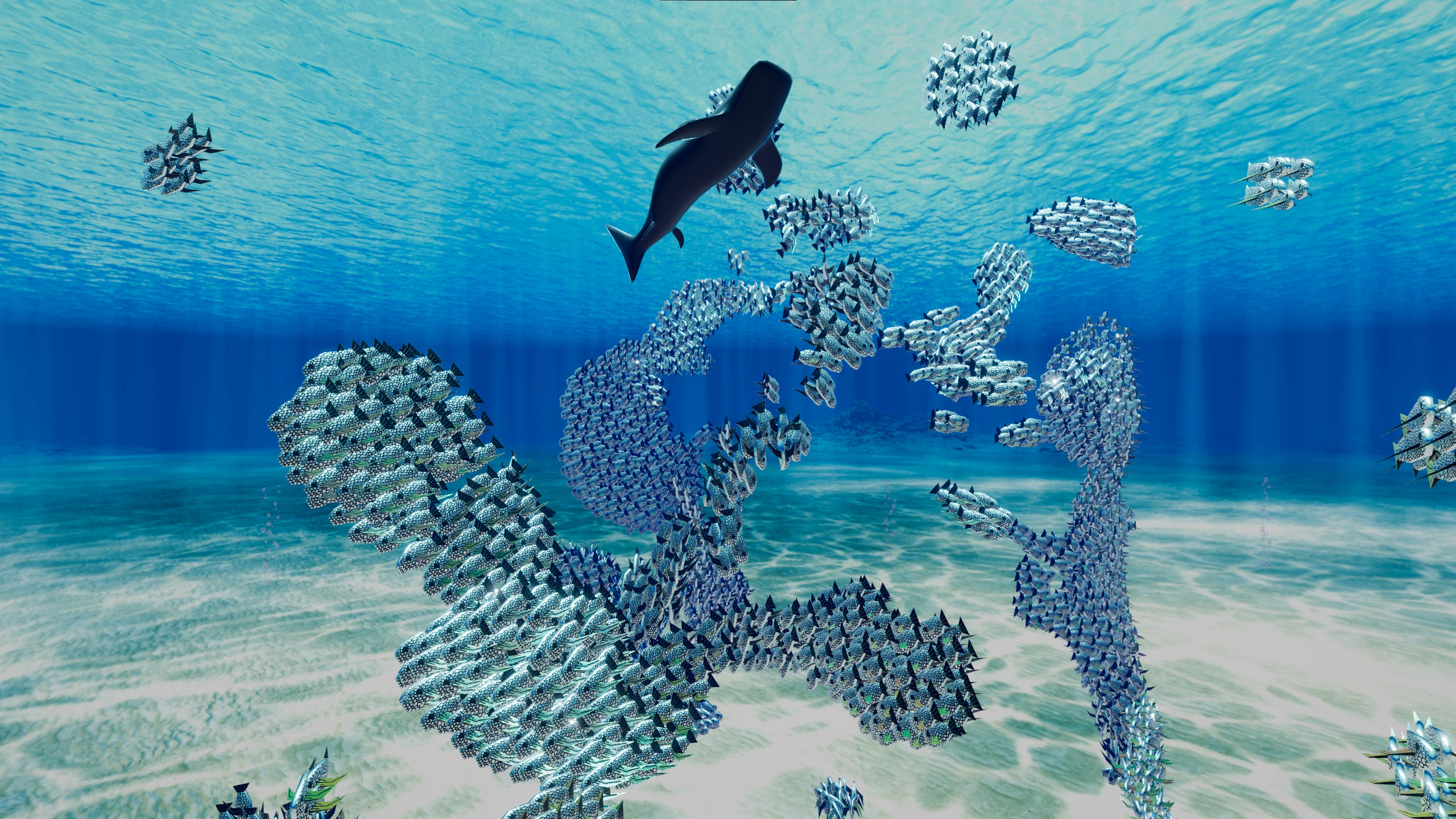 A simulation of many thousands of fish underwater, with a shark wandering through the shoals.